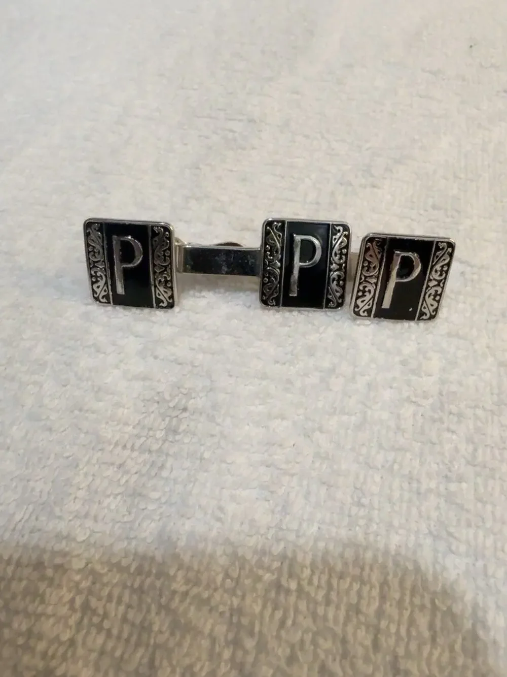 Vintage Swank Initial P Cufflinks Tie Clip Set Black Enamel Silver Tone